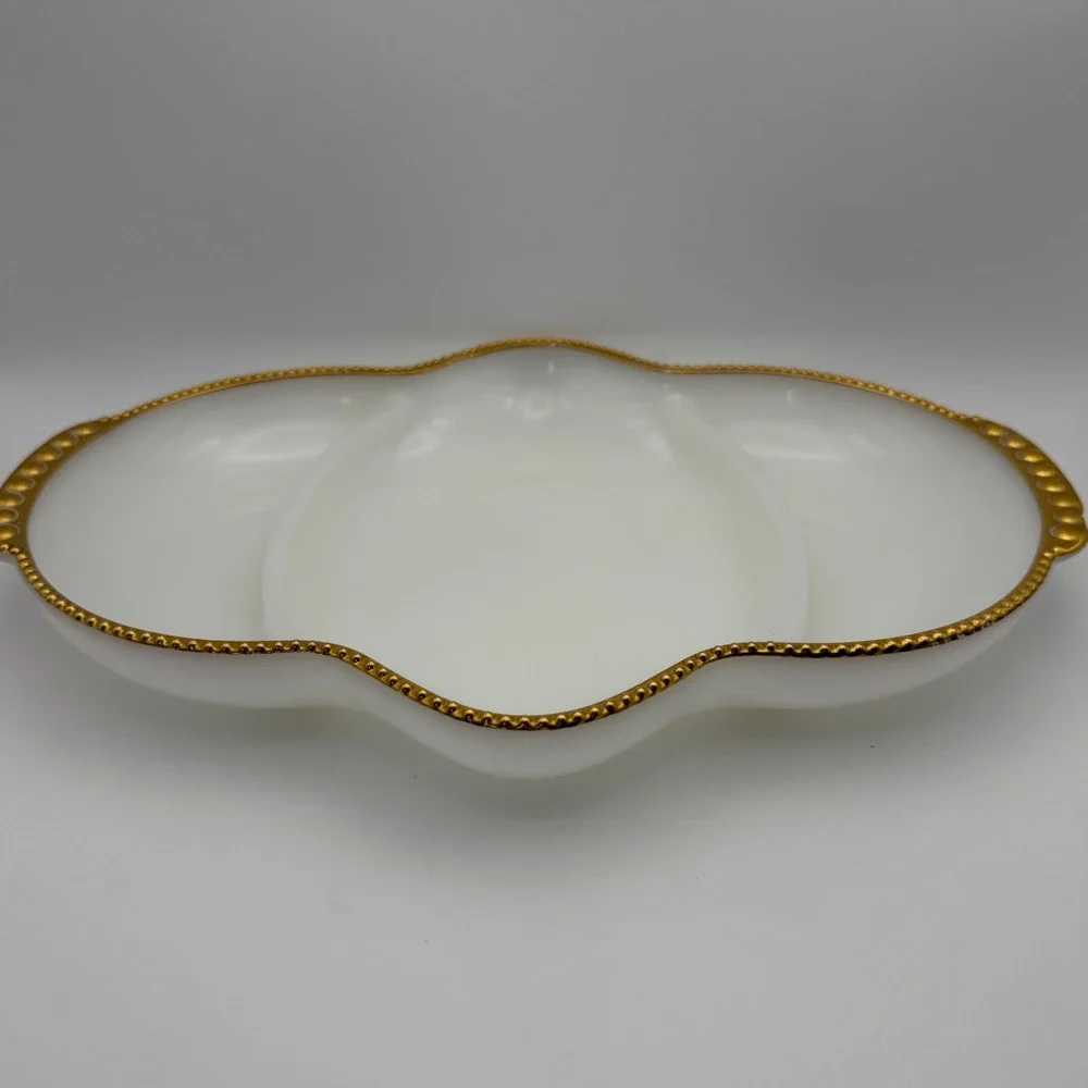 Fire King Milk Glass Divided Relish Tray‎ Gold Beaded Rim Scalloped Vintage 11